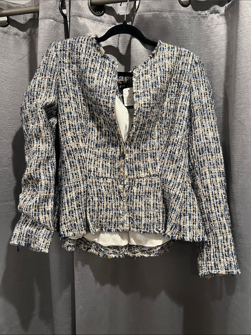 DKNY Blue and Cream Tweed Peplum Jacket